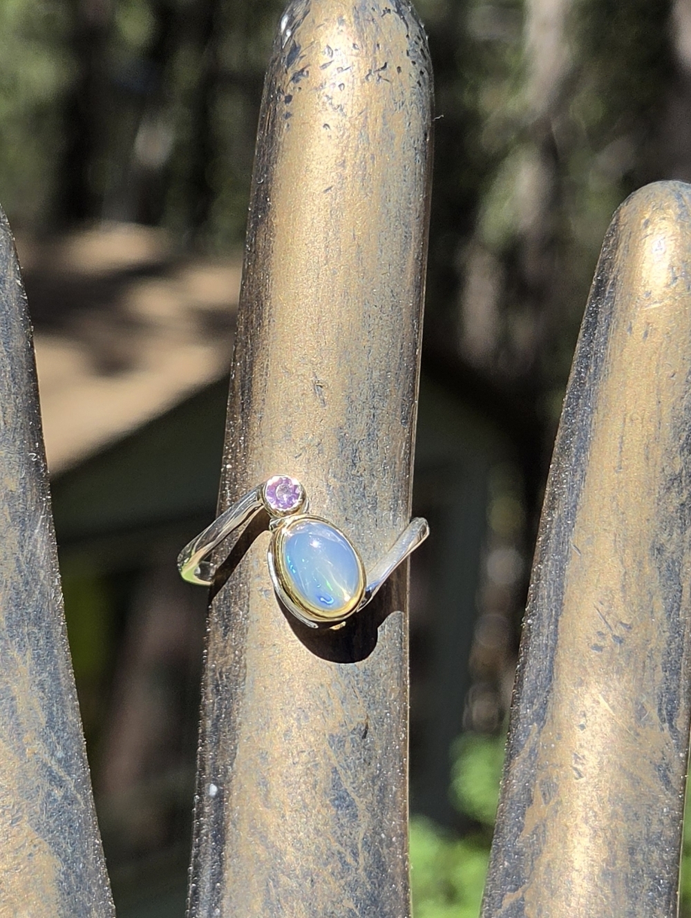 Opal & Amethyst Sterling & Gold Ring Sz6.5 - Picture 5 of 9